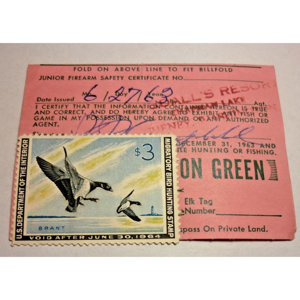 1963 Washington Hunting Fishing License Junior Firearm Certificate $3 Duck Stamp